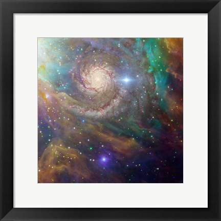 Framed Spiral Galaxy in a Colorful Deep Space Scene Print