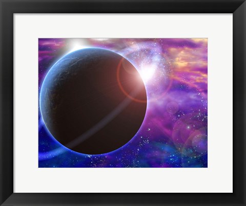 Framed Planet and Cosmos Rising Sun in Vivid Space Print