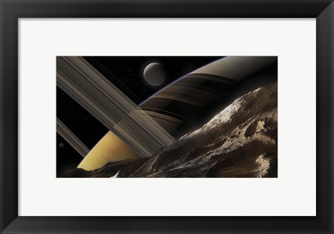 Framed Passing Comet Makes a Close Flypast of Saturn and Two of Its Moons Print