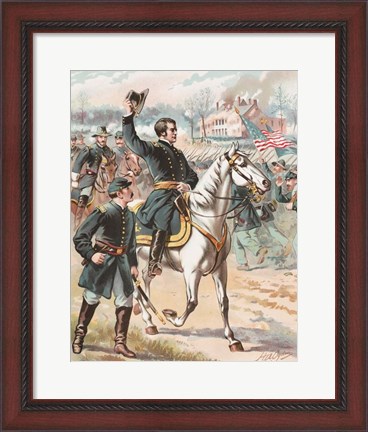 Framed General Joseph Hooker riding on a horse and waving at his troops Print