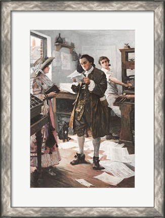 Framed Benjamin Franklin in his Philadephia printing Shop Print
