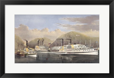 Framed American Steamboats on the Hudson River passing the Highlands, 1874 Print