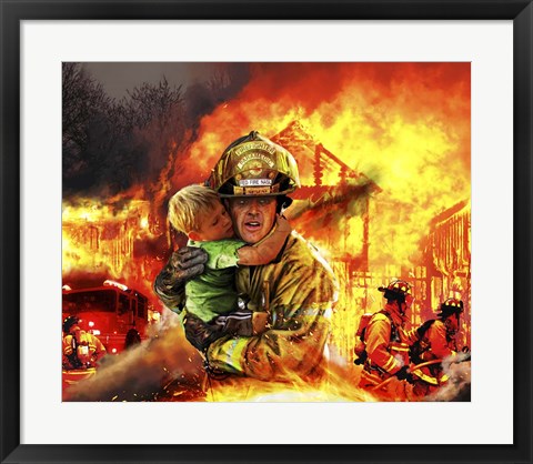 Framed Fireman saving a Boy from a Burning Building Print