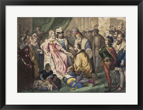 Framed Christopher Columbus kneeling in front of Queen Isabella I Print