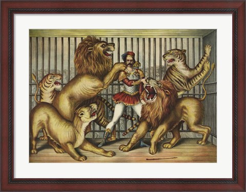 Framed Lion Tamer in Cage with Lions and Tigers Print