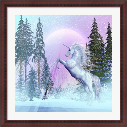 Framed Unicorn Rearing Up in a Mythical Forest Print