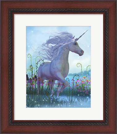 Framed White Unicorn Stallion in a Garden Full of Flowers and Plants Print