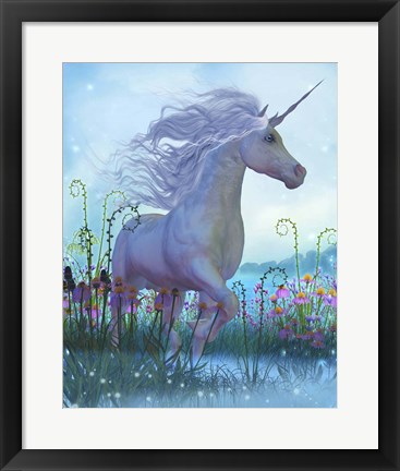 Framed White Unicorn Stallion in a Garden Full of Flowers and Plants Print