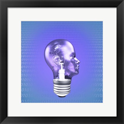 Framed Head Light Bulb With Binary Code Print