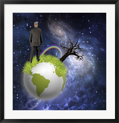 Framed Man Stands On Globe With Old Tree and Rainbow Deep Space Print