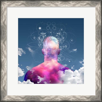 Framed Mans Head With Stars and Clouds Print