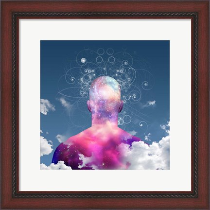 Framed Mans Head With Stars and Clouds Print