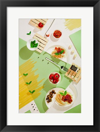 Framed Suprematic Meal: Pasta With Tomato Sauce And Mushrooms Print