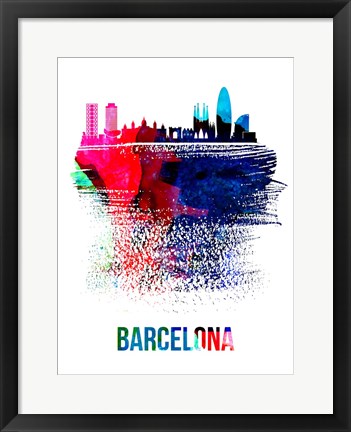 Framed Barcelona Skyline Brush Stroke Watercolor Print