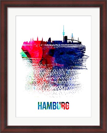 Framed Hamburg Skyline Brush Stroke Watercolor Print