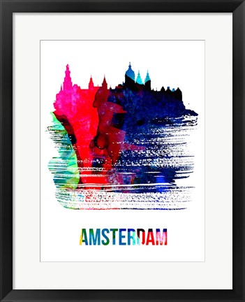 Framed Amsterdam Skyline Brush Stroke Watercolor Print