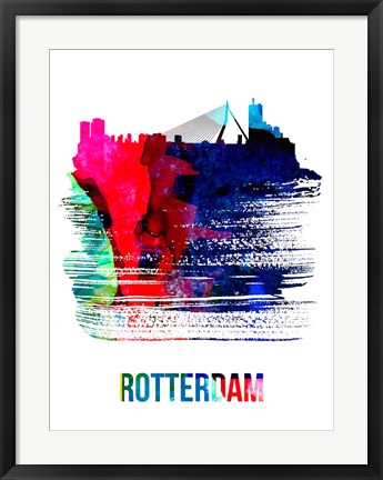 Framed Rotterdam Skyline Brush Stroke Watercolor Print