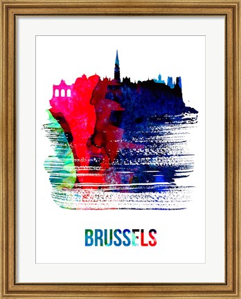 Framed Brussels Skyline Brush Stroke Watercolor Print