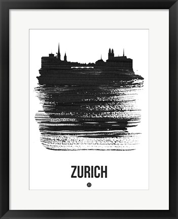 Framed Zurich Skyline Brush Stroke Black Print