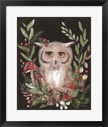 Framed Christmas Owl and Mushrooms Print