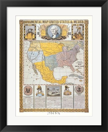 Framed Ornamental Map/United States and Mexico Print