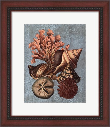 Framed Crackled Shell and Coral Collection on Aqua I Print