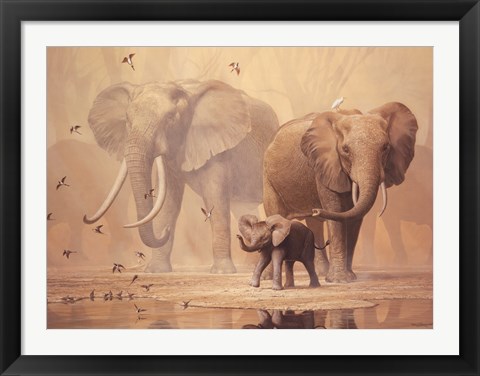 Framed African Elephants and Namaqua Doves Print