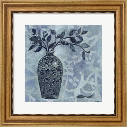 Framed Ornate Vase with Indigo Leaves II Print