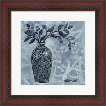 Framed Ornate Vase with Indigo Leaves II Print