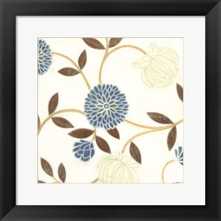 Framed Blue and Cream Flowers on Silk I Print