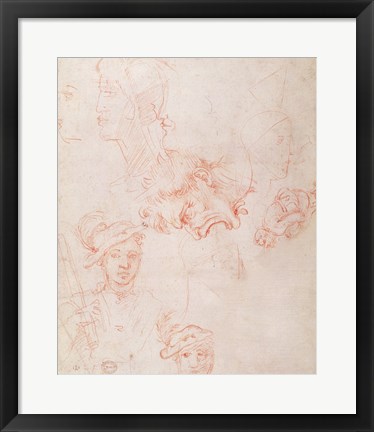 Framed Studies of heads, 1508-12d Print