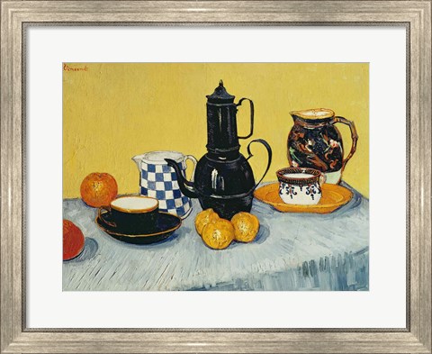 Framed Still Life with Blue Enamel Coffeepot, Earthenware and Fruit Print