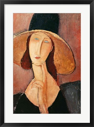 Framed Portrait of Jeanne Hebuterne in a large hat, c.1918-19 Print
