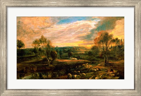 Framed Landscape with a Shepherd and his Flock Print