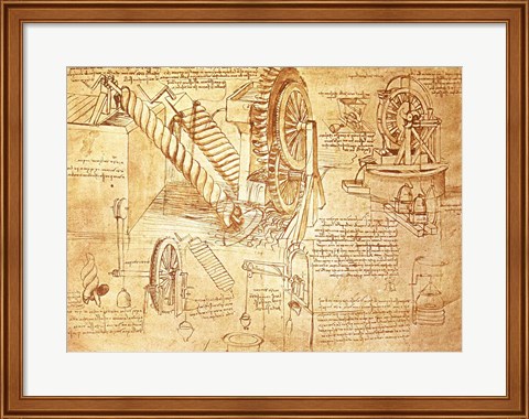 Framed Facsimile of Codex  Atlanticus Screws and Water Wheels Print