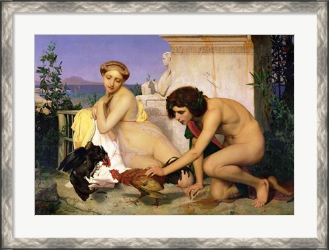 Framed Young Greeks Encouraging Cocks to Fight, 1846 Print