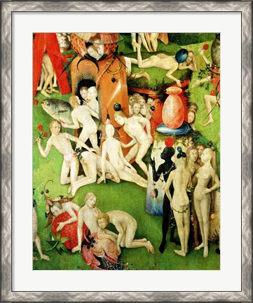 Framed Garden on Earthly Delights: Allegory of Luxury, central panel of triptych, c.1500 Print