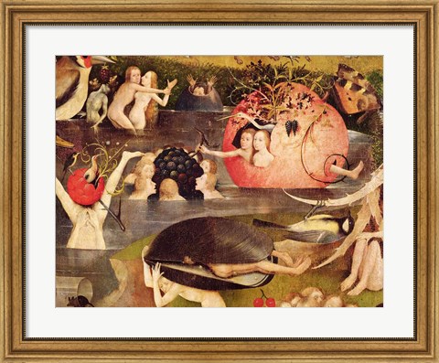 Framed Garden of Earthly Delights: Allegory of Luxury, horizontal detail of the central panel, c.1500 Print