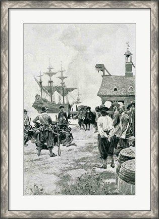 Framed Landing at Jamestown from a Dutch Man-of-War Print