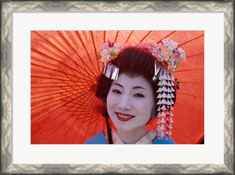 Framed Geisha Orange Umbrella Print