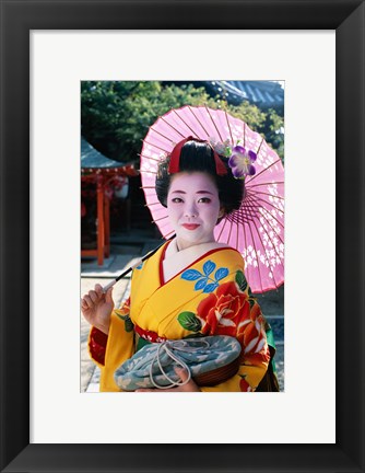 Framed Geisha with Pink Umbrella Print