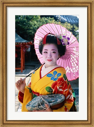 Framed Geisha with Pink Umbrella Print