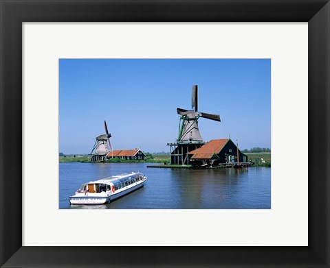 Framed Windmills and Canal Tour Boat, Zaanse Schans, Netherlands Print