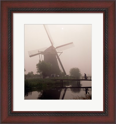 Framed Windmill and Cyclist, Zaanse Schans, Netherlands black and white Print