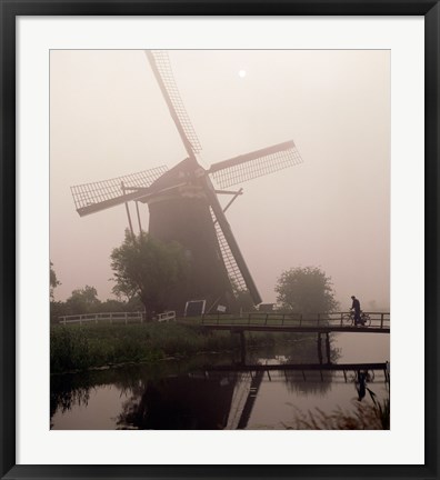 Framed Windmill and Cyclist, Zaanse Schans, Netherlands black and white Print