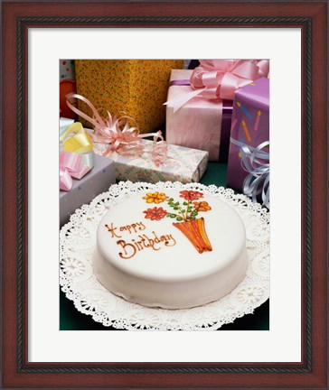 Framed High angle view of a birthday cake with gifts Print