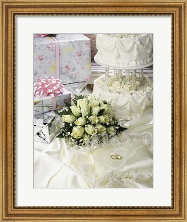 Framed Cake with rings and gifts on a sheet Print