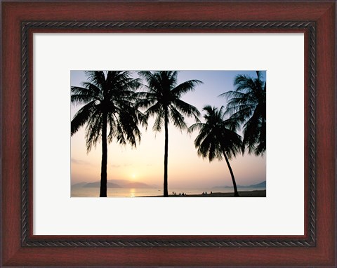 Framed Silhouette of palm trees on a beach during sunrise, Nha Trang Beach, Nha Trang, Vietnam Print