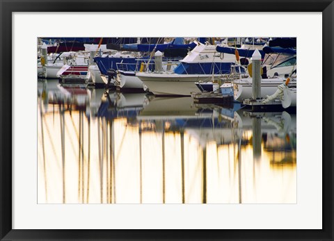 Framed USA, California, Santa Barbara, boats in marina at sunrise Print