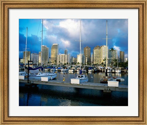 Framed Sailboats docked in a harbor, Ala Wai Marina, Waikiki Beach, Honolulu, Oahu, Hawaii, USA Print